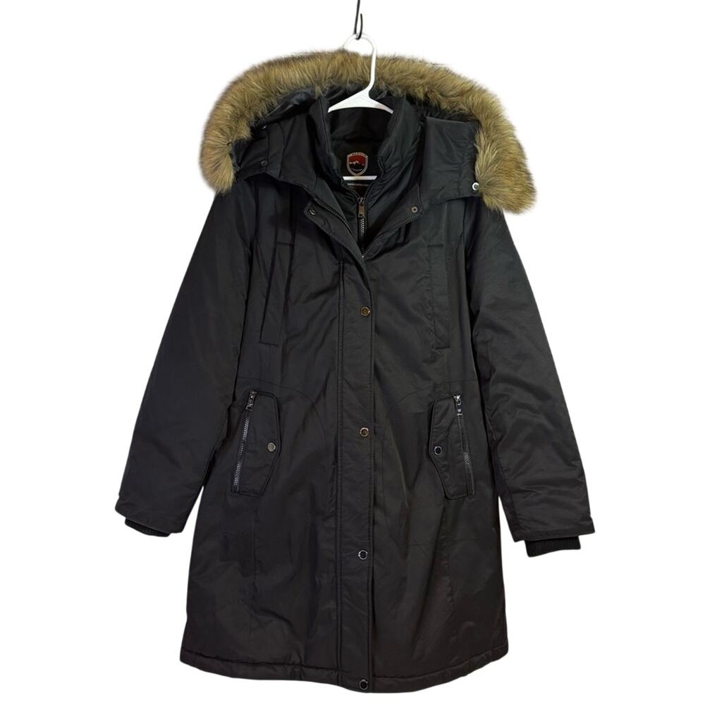 1 Madison Expedition Women's Black Parka Removable Faux Fur Hood Size Large C1